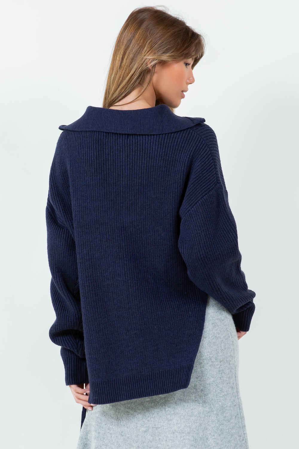 ZIP UP KNIT TOP WITH TIE SIDE DRAWSTRING DETAIL - NAVY