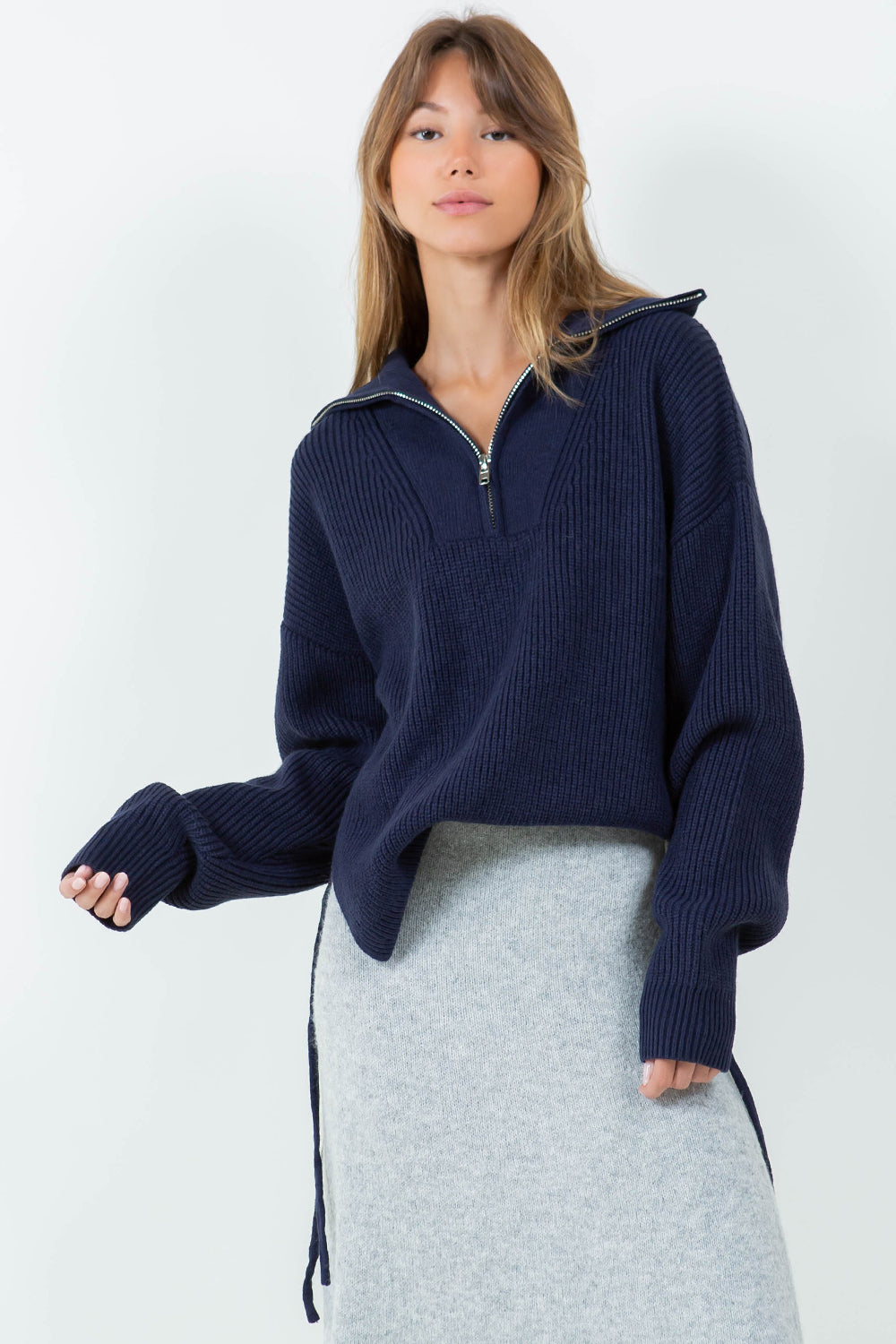 ZIP UP KNIT TOP WITH TIE SIDE DRAWSTRING DETAIL - NAVY