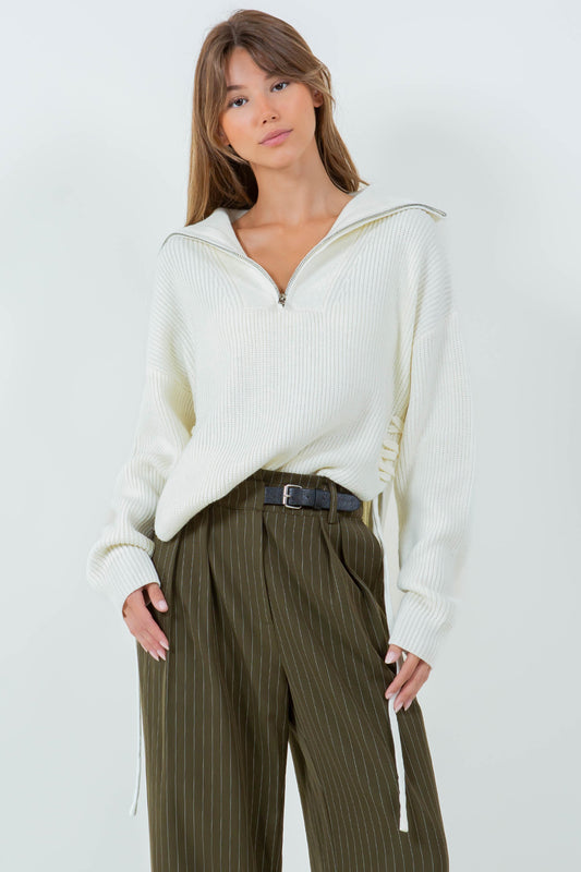 ZIP UP KNIT TOP WITH TIE SIDE DRAWSTRING DETAIL - IVORY