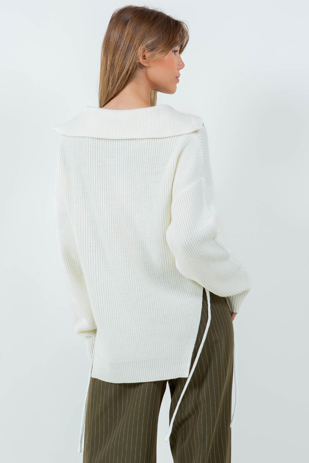 ZIP UP KNIT TOP WITH TIE SIDE DRAWSTRING DETAIL - IVORY