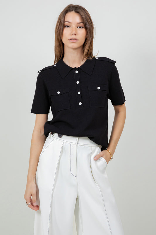 KNITTED BUTTON DOWN POLO SHIRT - BLACK