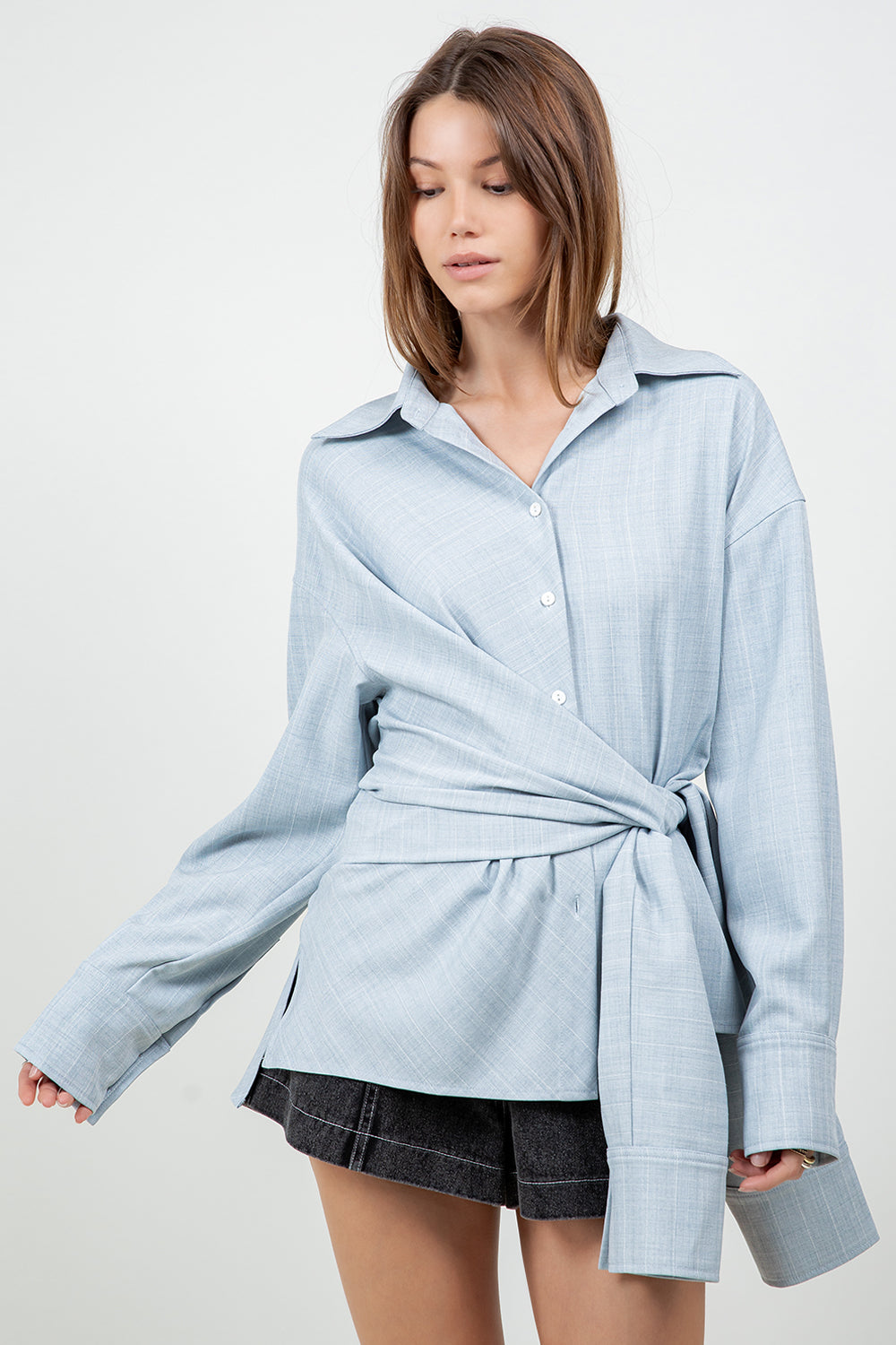 STRIPED WRAP DETAILED BUTTON DOWN SHIRT - LT BLUE