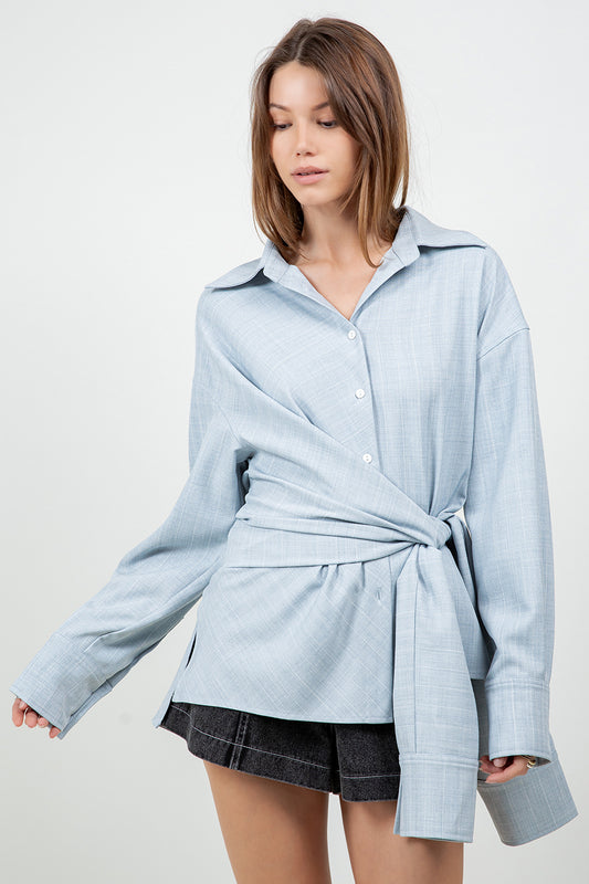 STRIPED WRAP DETAILED BUTTON DOWN SHIRT - LT BLUE