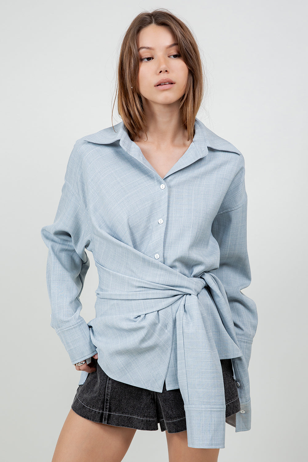 STRIPED WRAP DETAILED BUTTON DOWN SHIRT - LT BLUE