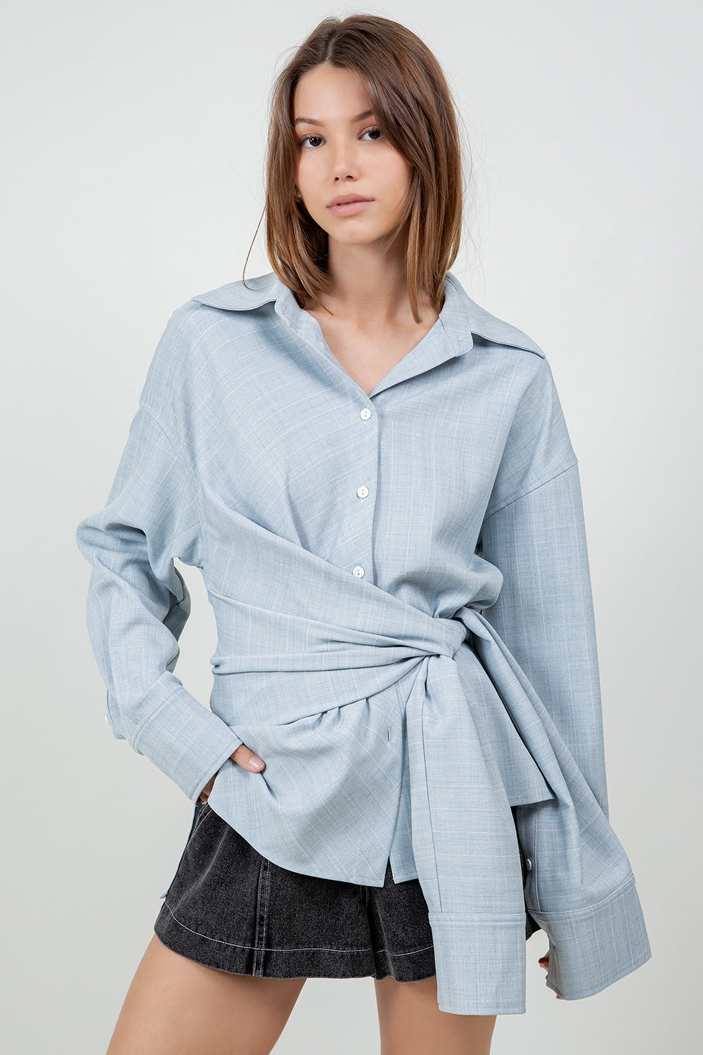 STRIPED WRAP DETAILED BUTTON DOWN SHIRT - LT BLUE