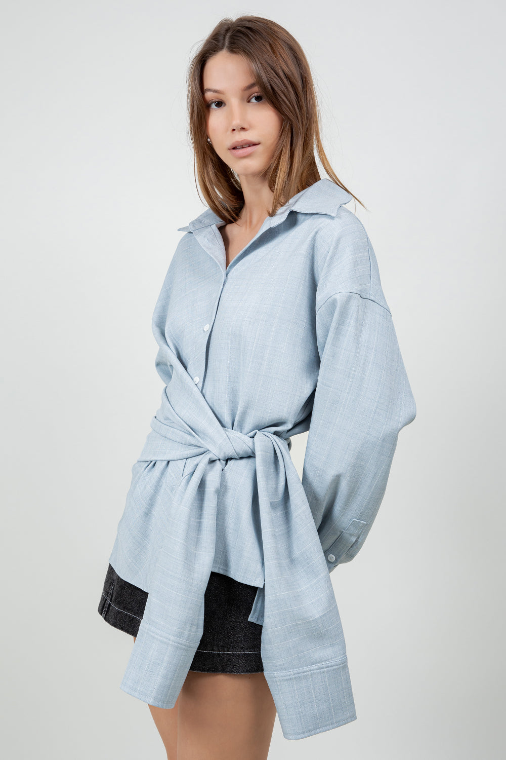 STRIPED WRAP DETAILED BUTTON DOWN SHIRT - LT BLUE