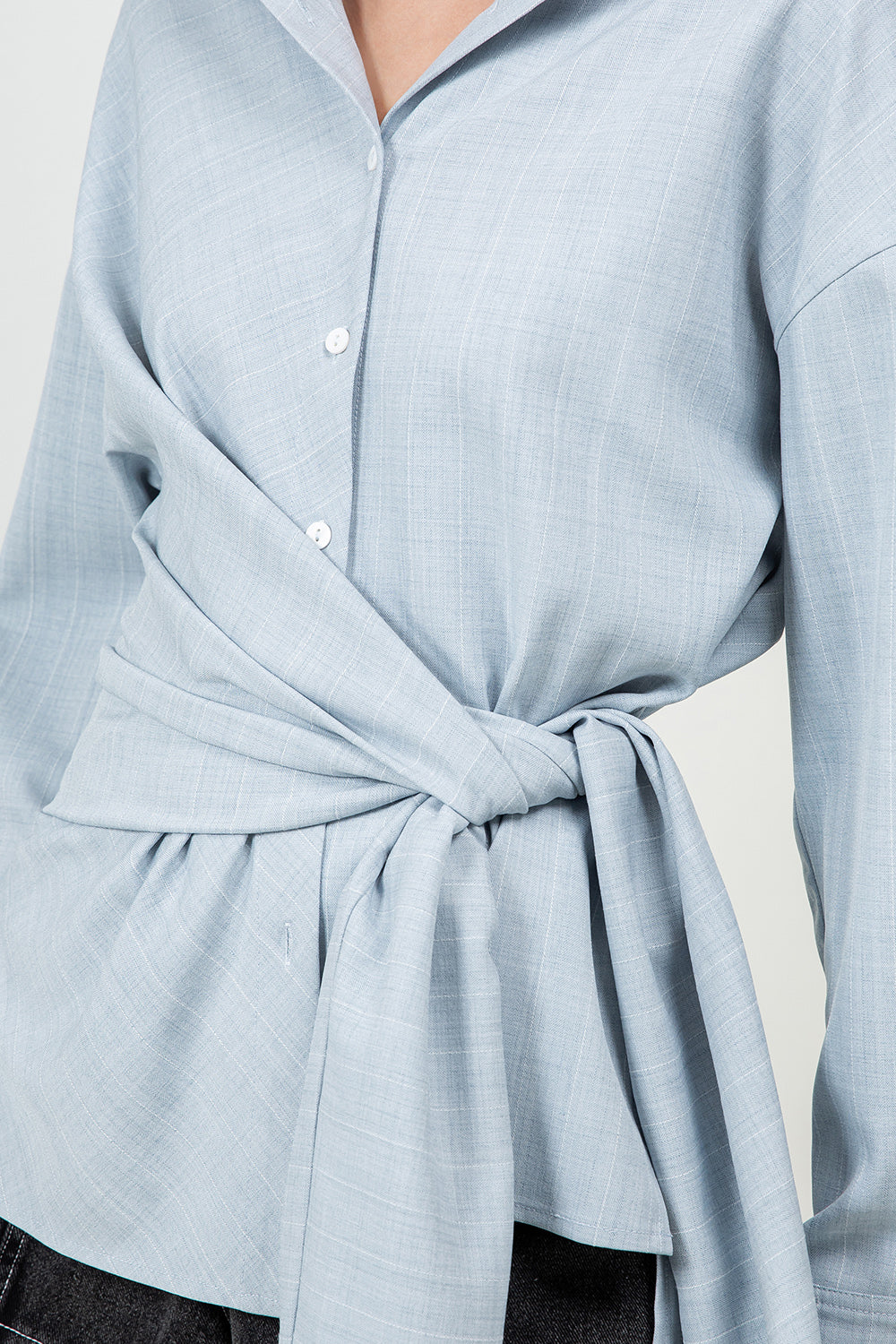 STRIPED WRAP DETAILED BUTTON DOWN SHIRT - LT BLUE