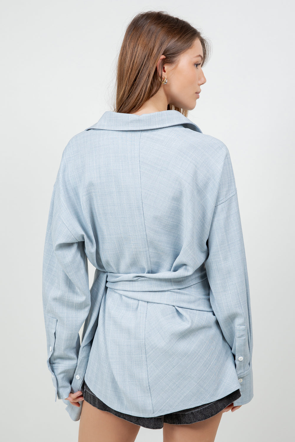 STRIPED WRAP DETAILED BUTTON DOWN SHIRT - LT BLUE