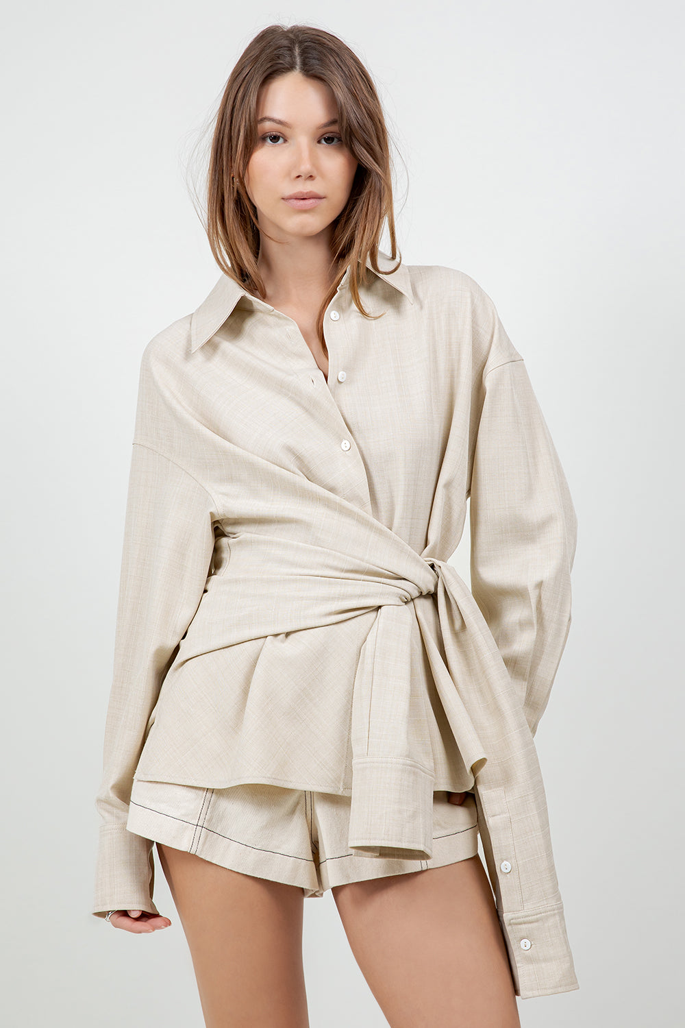 STRIPED WRAP DETAILED BUTTON DOWN SHIRT - TAUPE