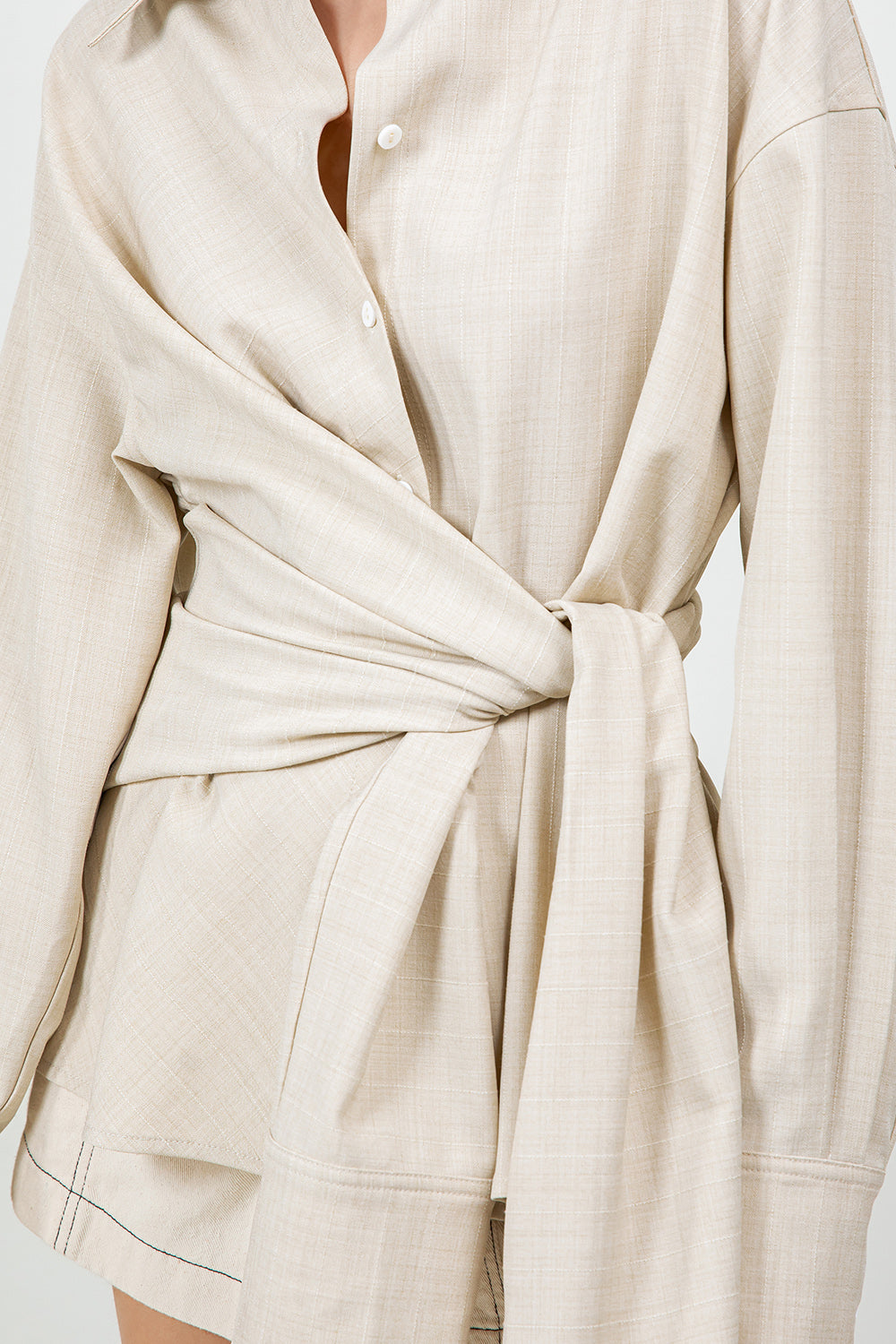 STRIPED WRAP DETAILED BUTTON DOWN SHIRT - TAUPE