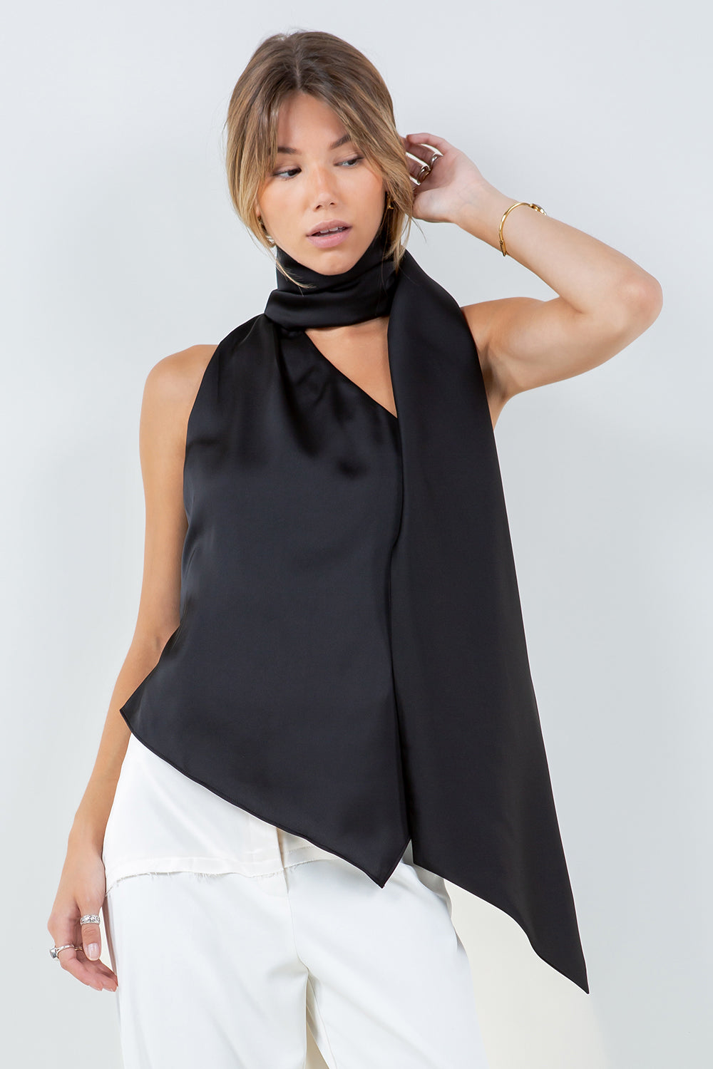 ONE SHOULDER SILK TANK WITH SCARF