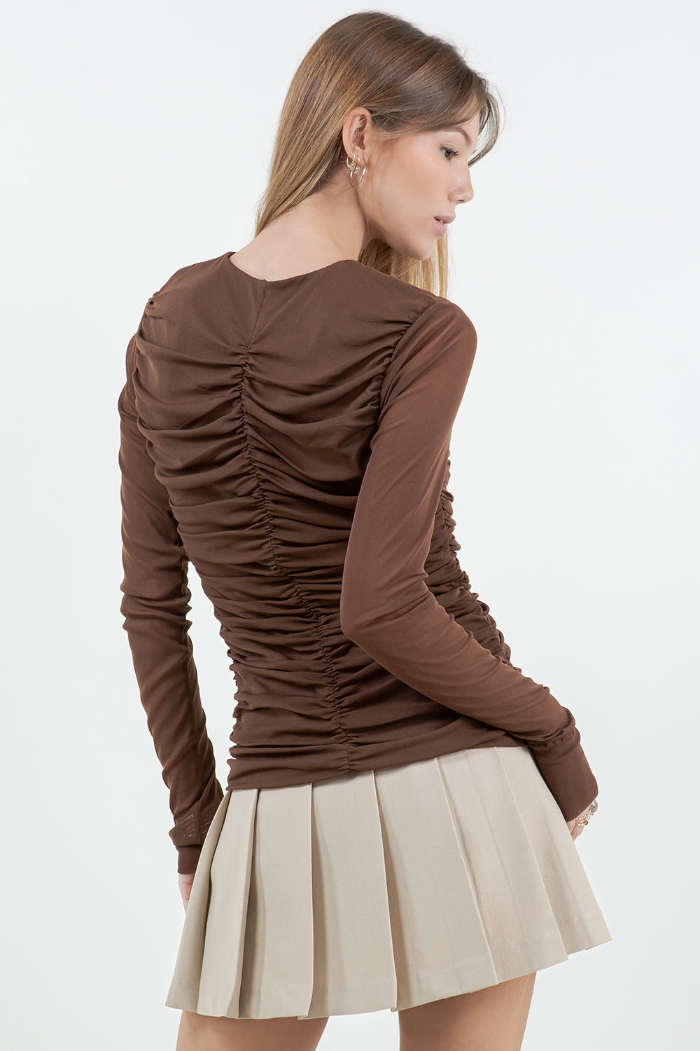 MULTI SHIRRING SOFT STRETCH MESH TOP - BROWN