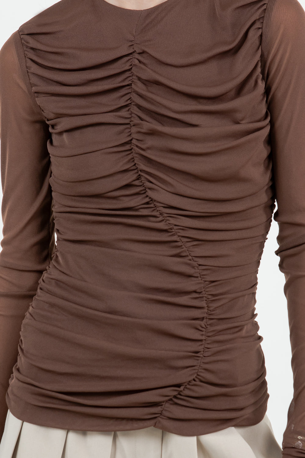 MULTI SHIRRING SOFT STRETCH MESH TOP - BROWN