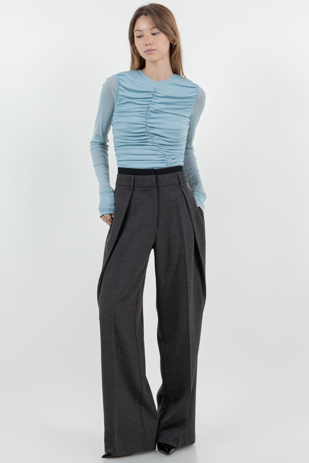 MULTI SHIRRING SOFT STRETCH MESH TOP - CEIL BLUE