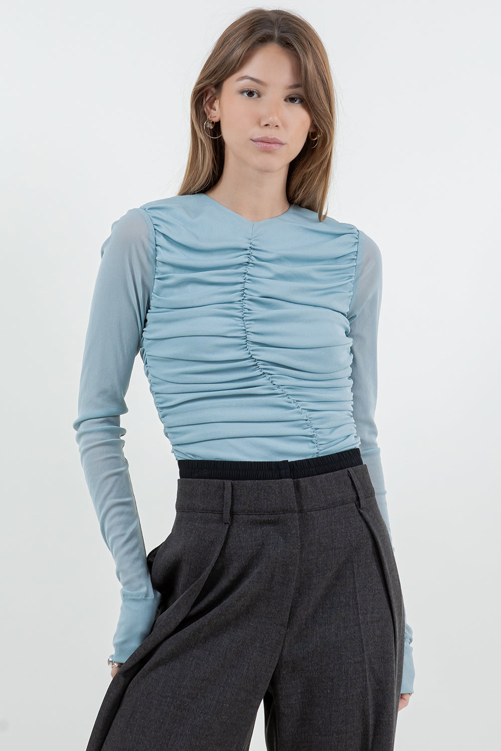 MULTI SHIRRING SOFT STRETCH MESH TOP - CEIL BLUE