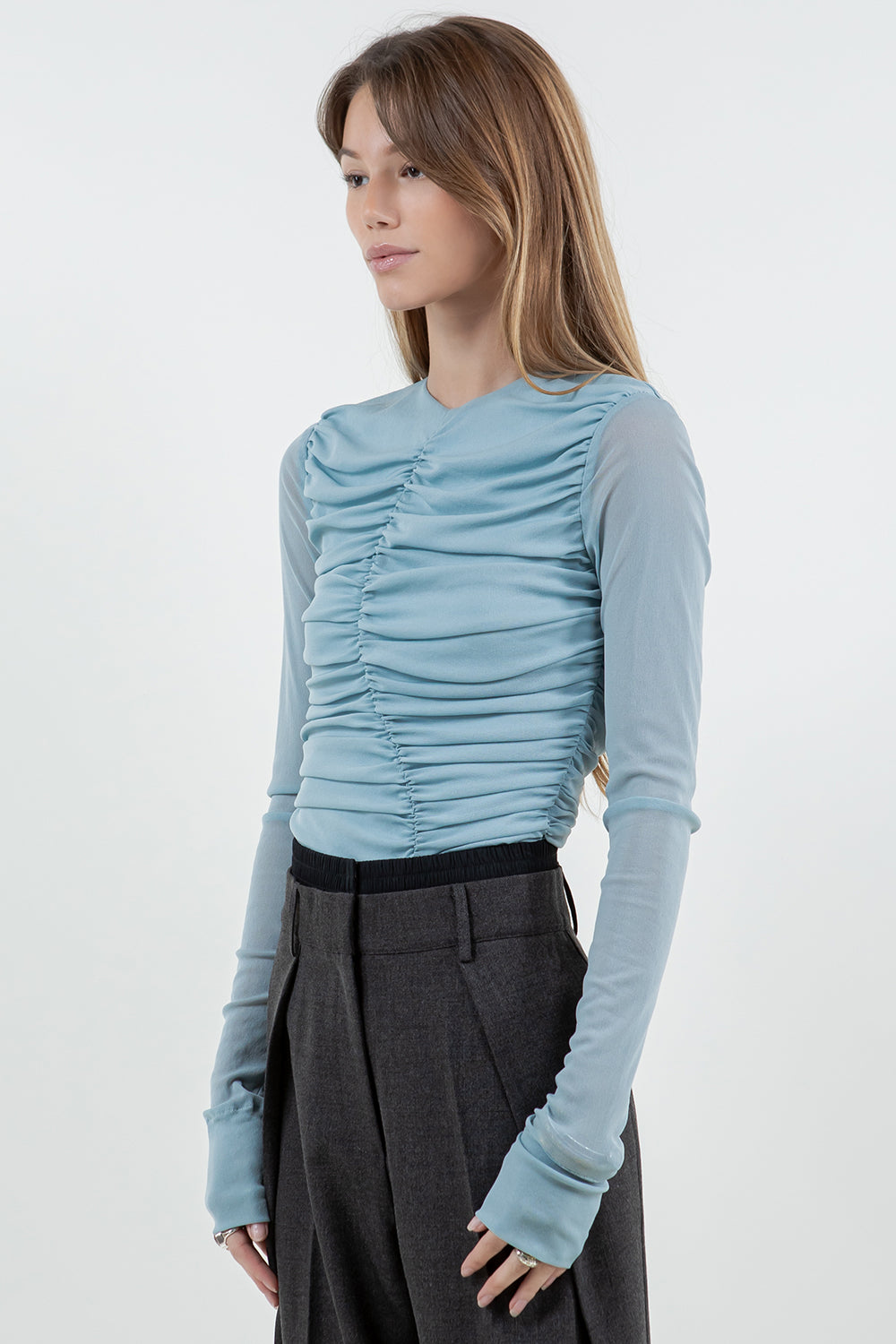 MULTI SHIRRING SOFT STRETCH MESH TOP - CEIL BLUE