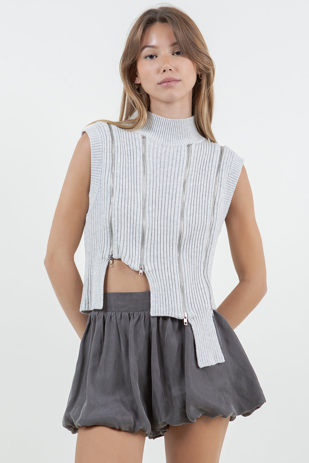 ASYMMETRICAL MULTI ZIPPER KNITWEAR - GREY