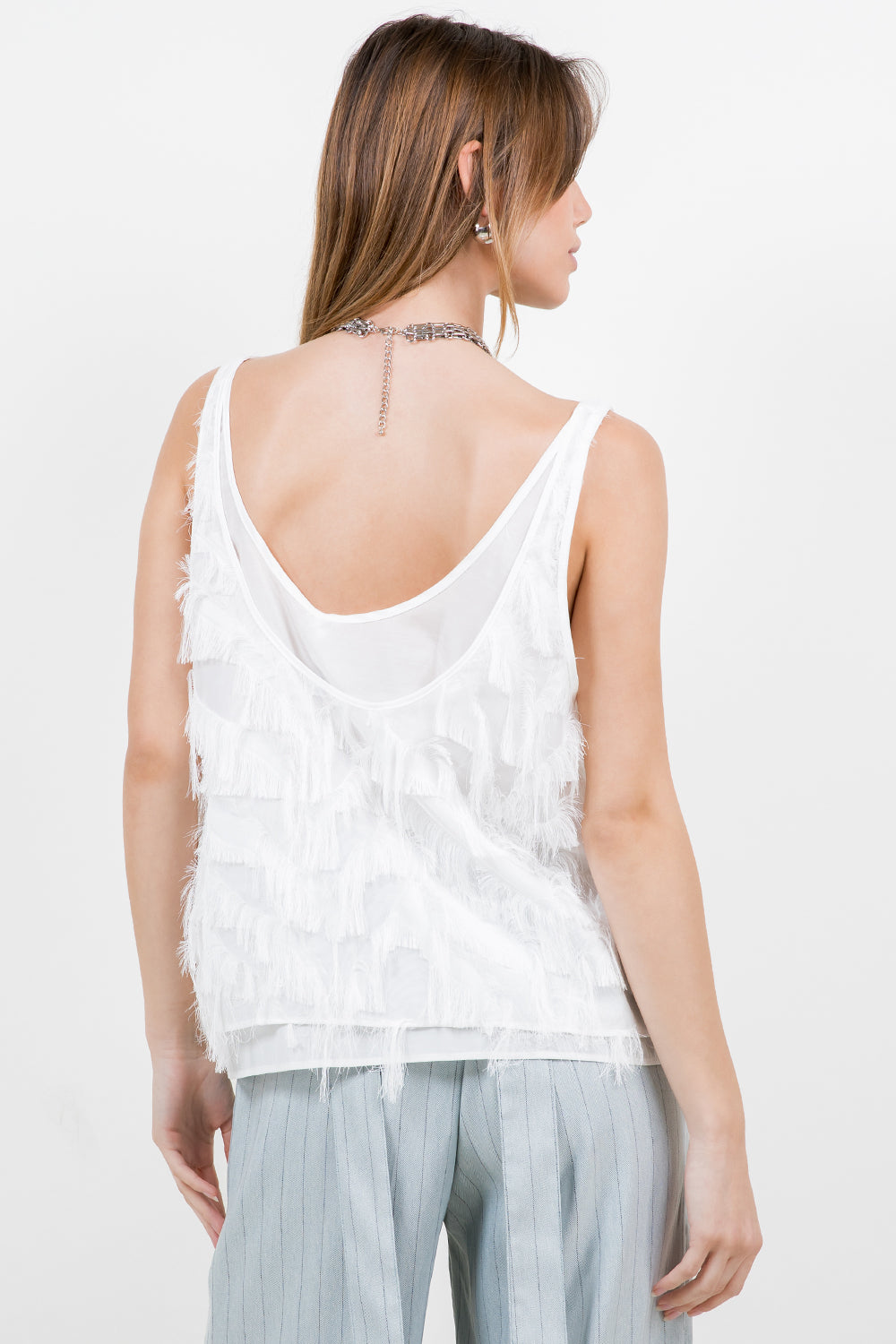 TEXTURED FRINGE DOUBLE LAYER TANK TOP - WHITE