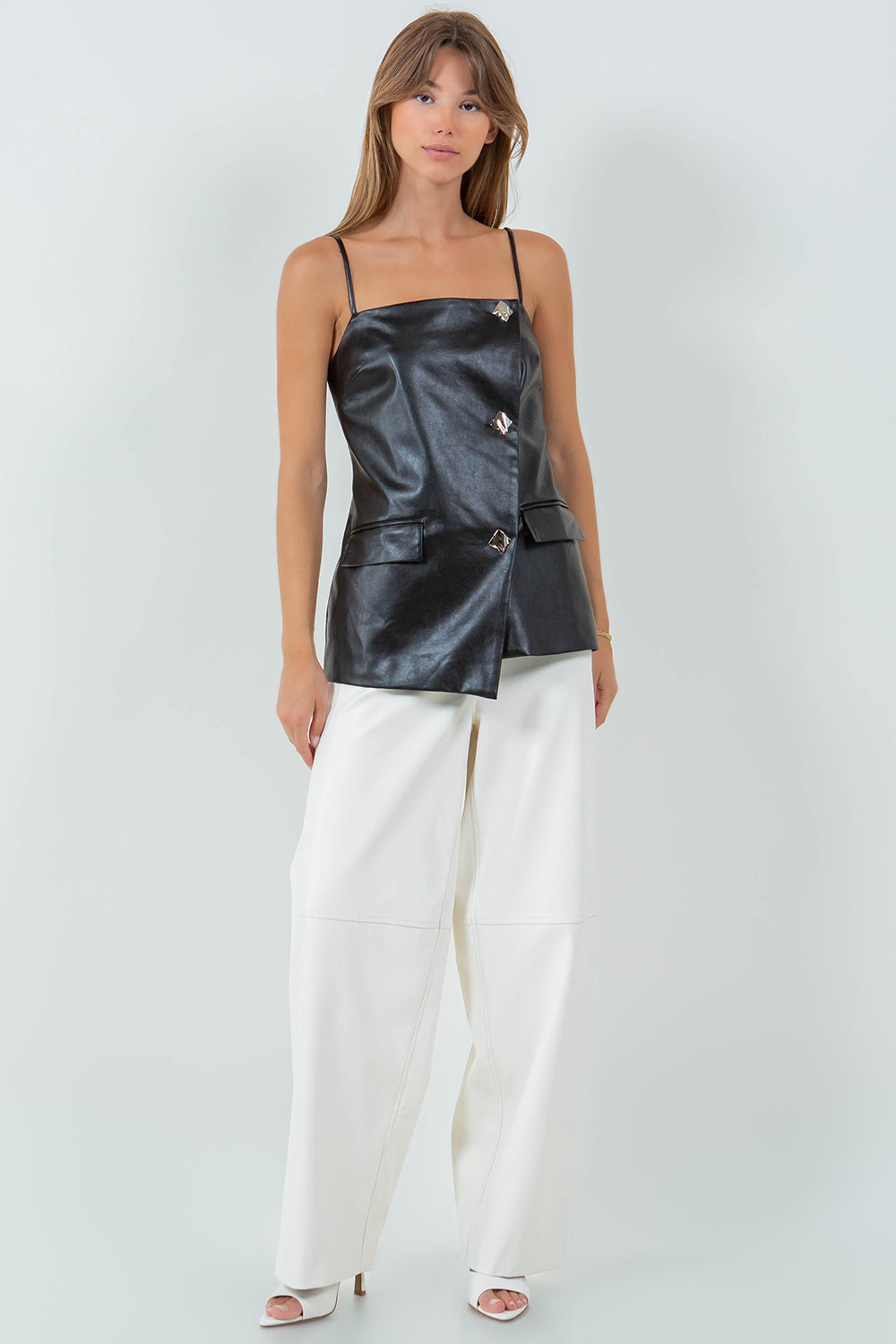 JEWEL BUTTONED ASYMMETRICAL PU LEATHER TOP