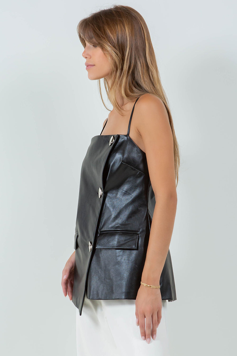 JEWEL BUTTONED ASYMMETRICAL PU LEATHER TOP