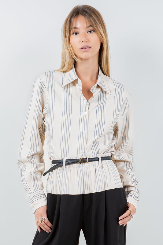 OPEN BACK WITH ADJUSTER PINSTRIPE SHIRT - SAND/NAVY