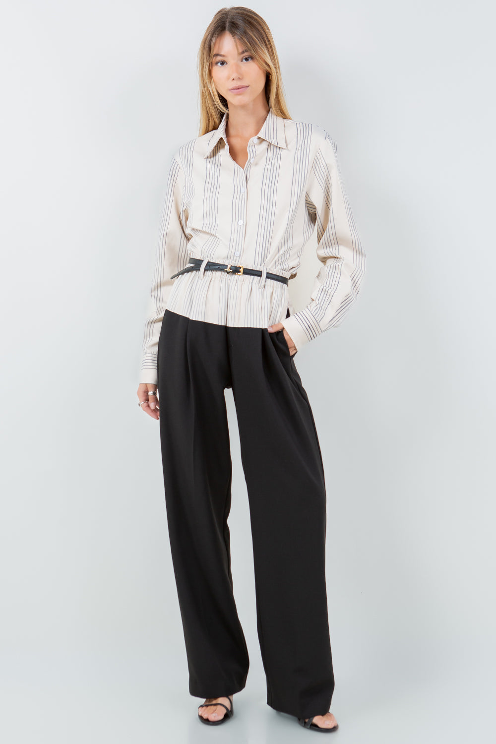 PINSTRIPE CONTRAST STRAIGHT FIT TROUSERS - BLACK/SAND