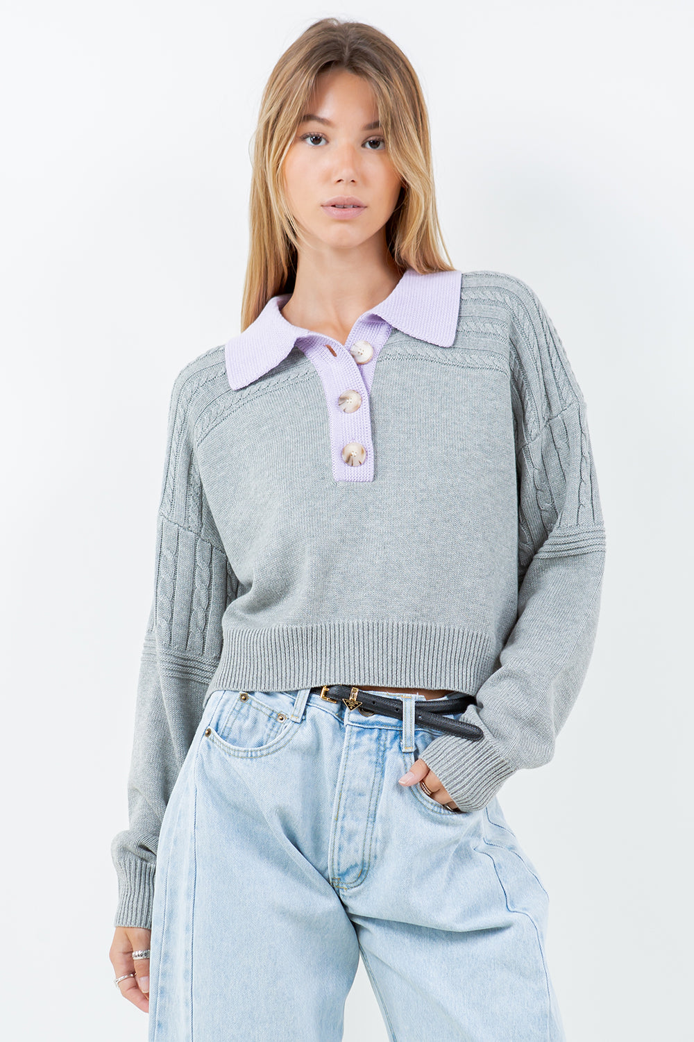 CONTRAST COLLAR CABLE POINTELLE SWEATER