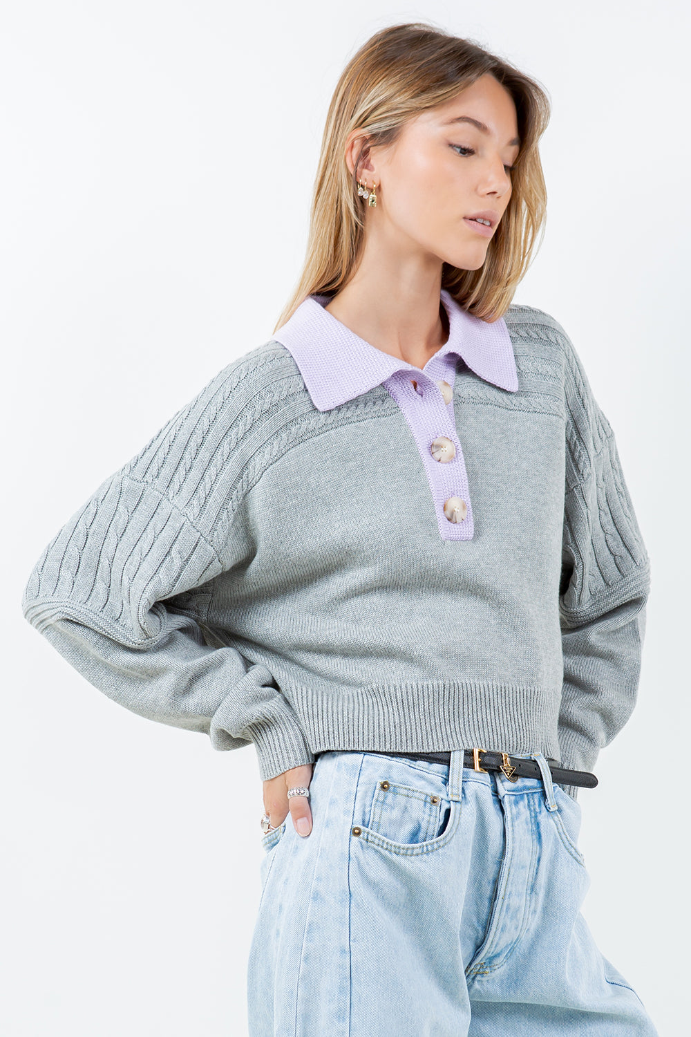 CONTRAST COLLAR CABLE POINTELLE SWEATER - GREY/LAVENDER