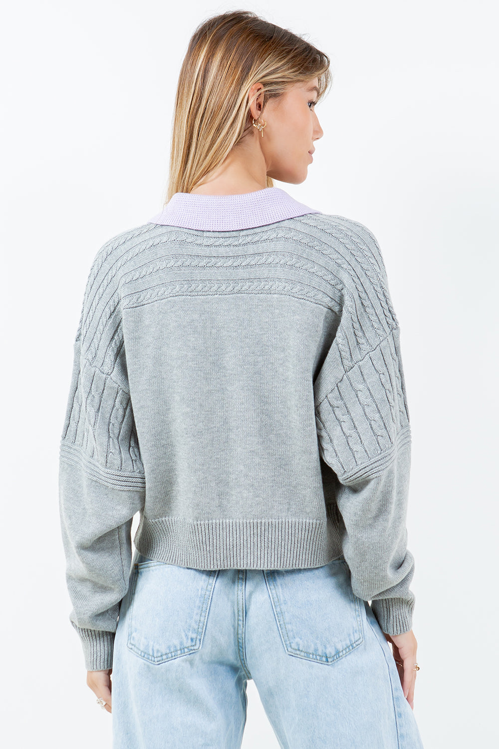 CONTRAST COLLAR CABLE POINTELLE SWEATER - GREY/LAVENDER