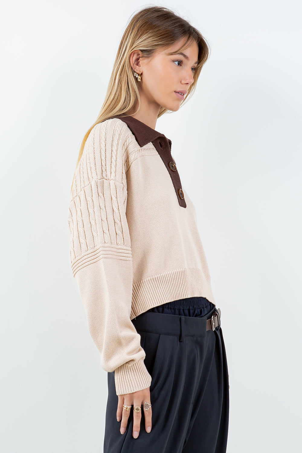 CONTRAST COLLAR CABLE POINTELLE SWEATER