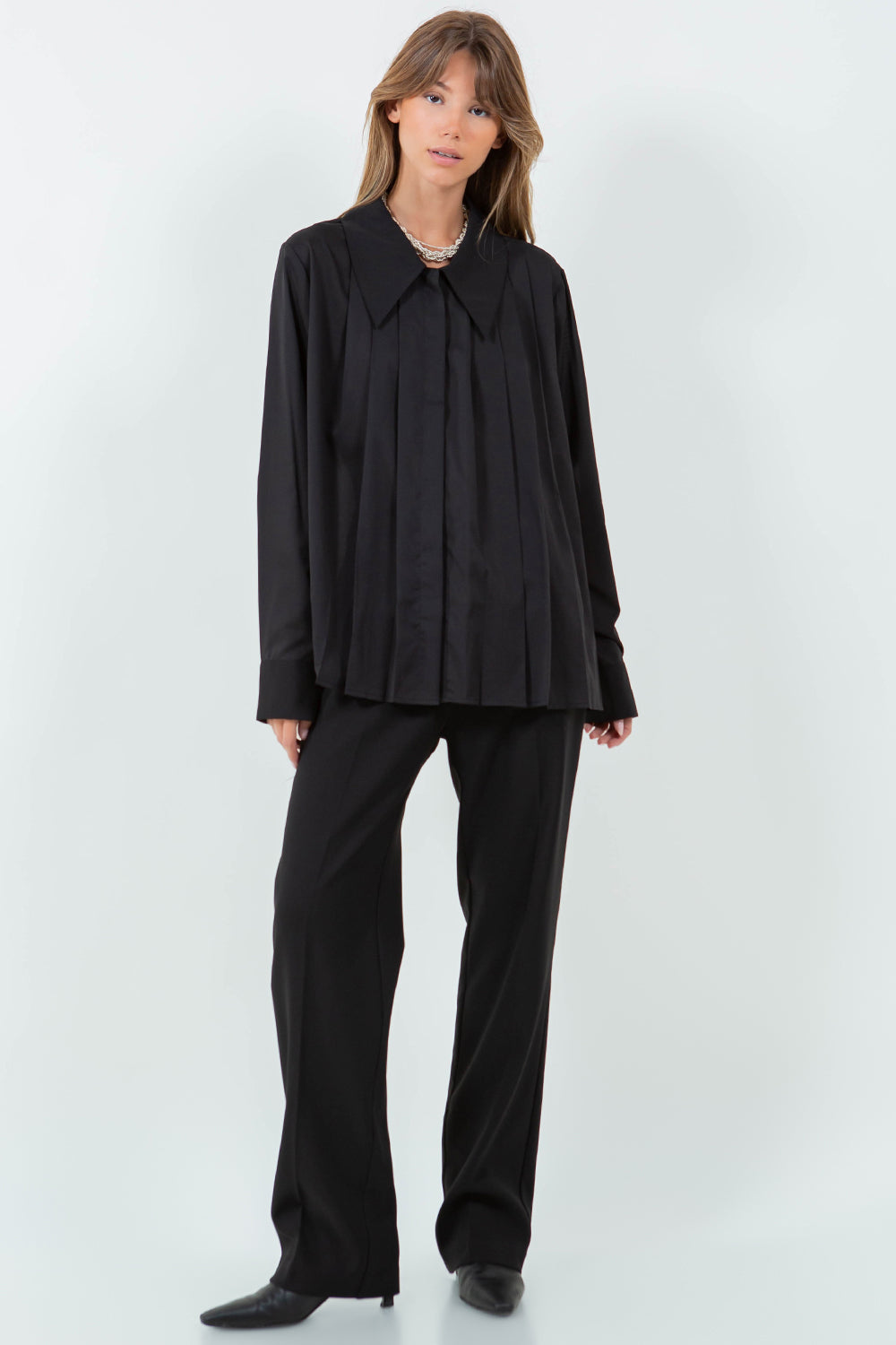 ASYMMETRICAL PLEATING COLLARED SHIRT - BLACK