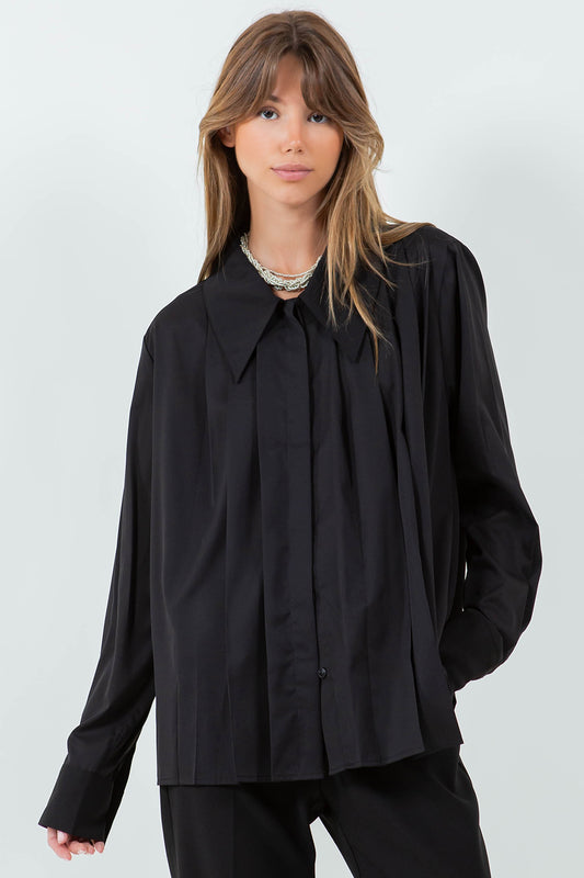 ASYMMETRICAL PLEATING COLLARED SHIRT - BLACK