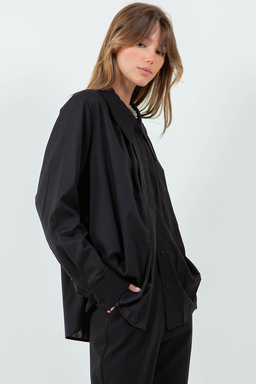 ASYMMETRICAL PLEATING COLLARED SHIRT - BLACK