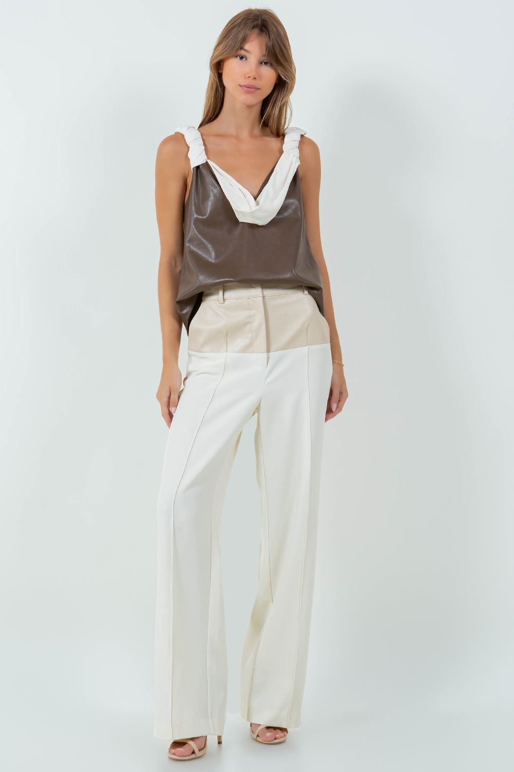 CONTRAST DRAPE PU TANK TOP - BROWN/IVORY