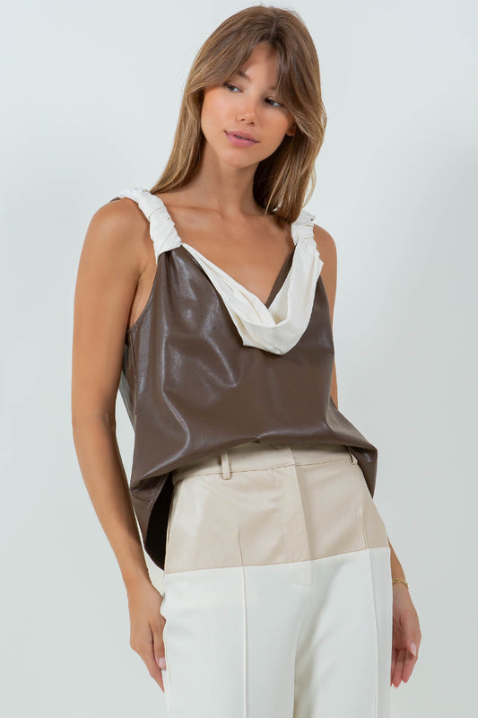 CONTRAST DRAPE PU TANK TOP - BROWN/IVORY