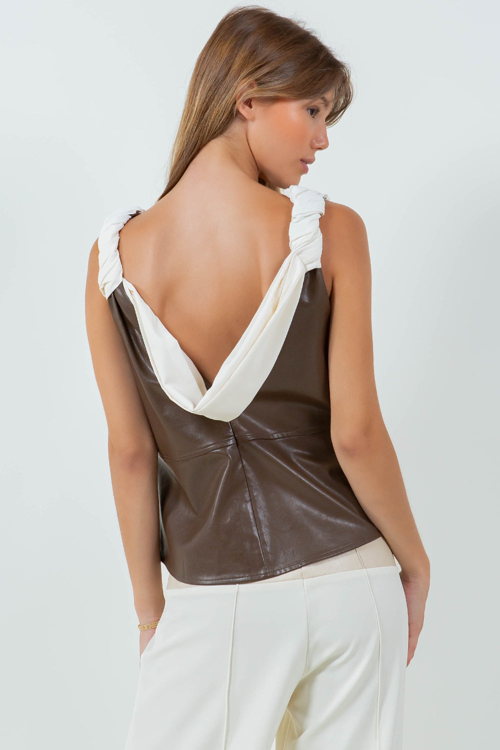 CONTRAST DRAPE PU TANK TOP - BROWN/IVORY