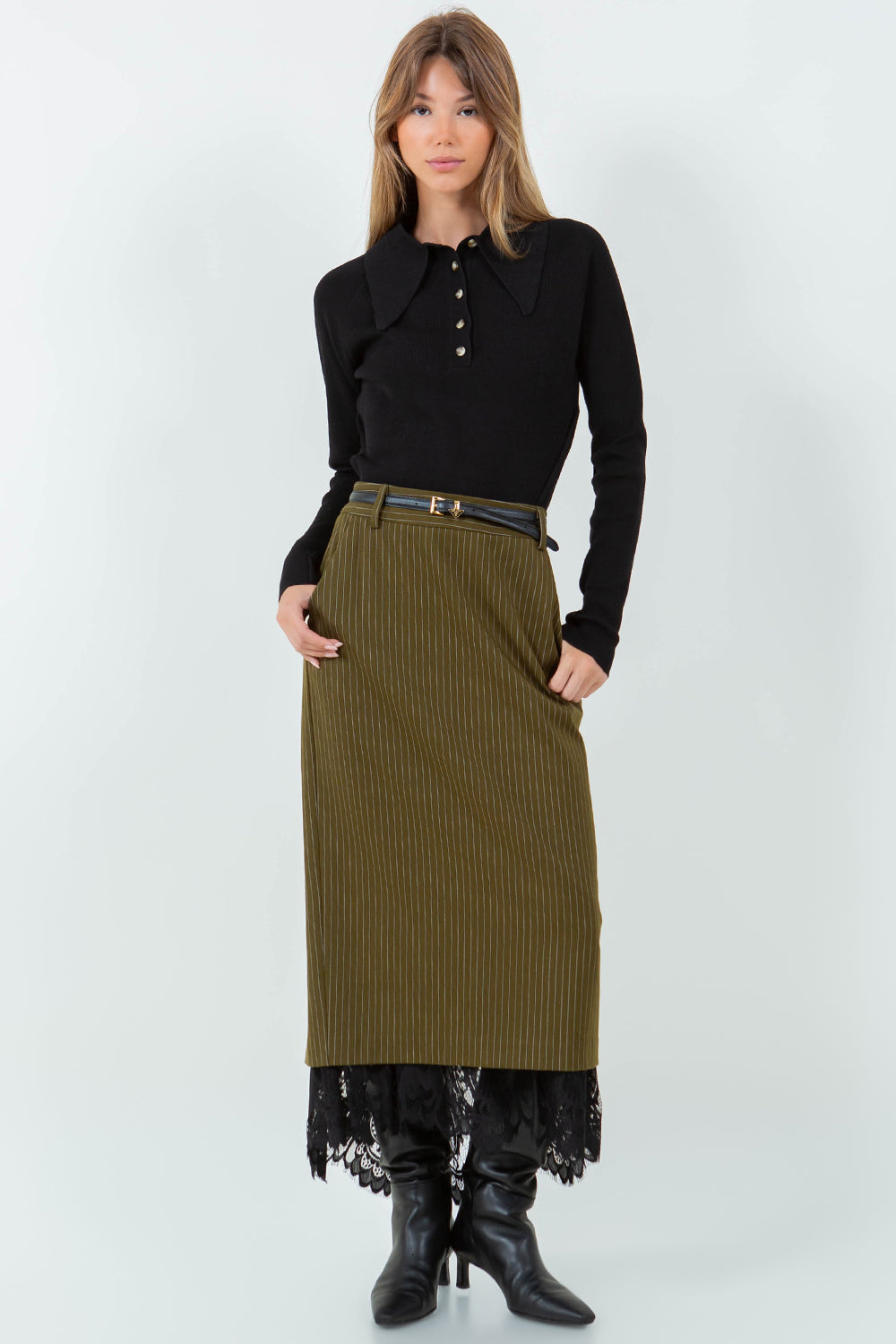 LACE HEMMED PINSTRIPE PENCIL SKIRT - OLIVE