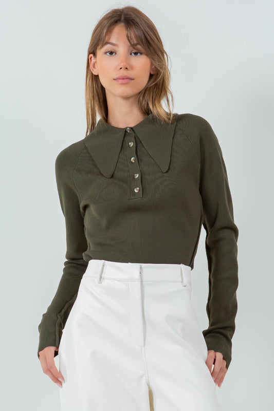 ABSTRACT SEAMS COLLARED KNIT SWEATER - OLIVE