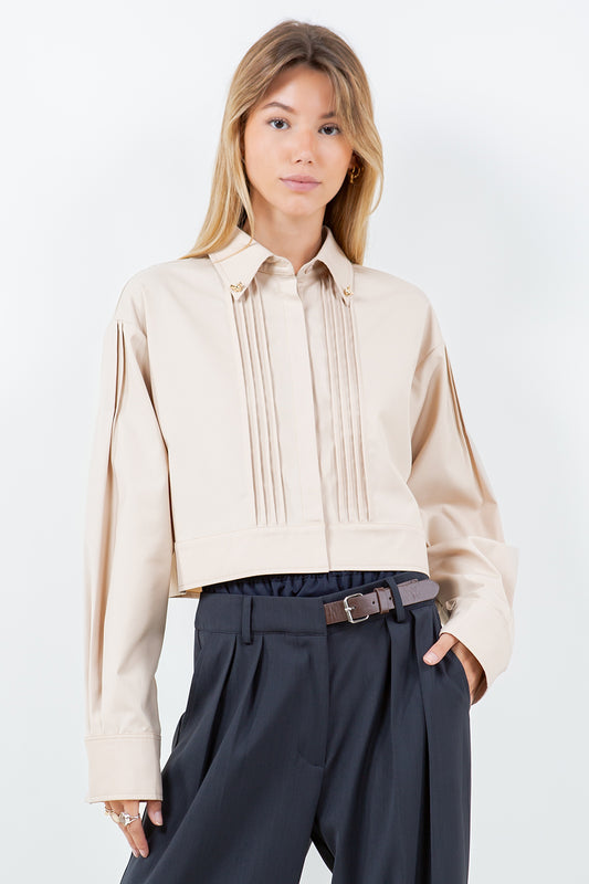 JEWELED COLLAR WITH PINTUCK DETAILS WOVEN SHIRT