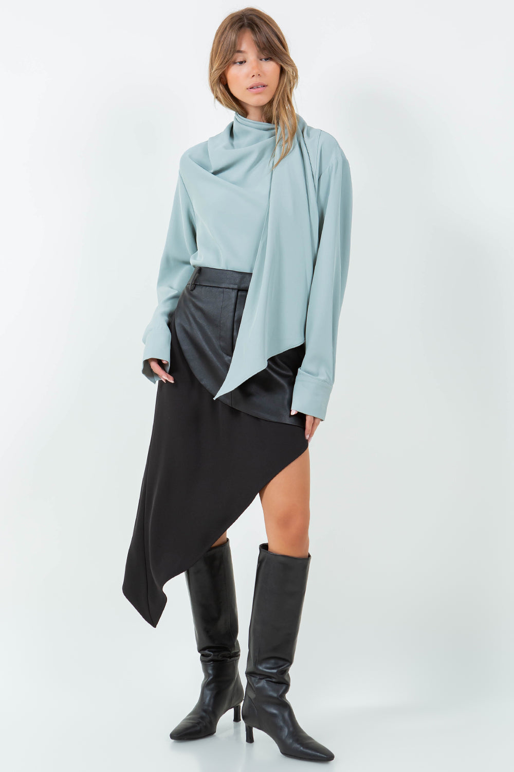 BUTTON DOWN WRAP SCARF BLOUSE - DUSTY JADE