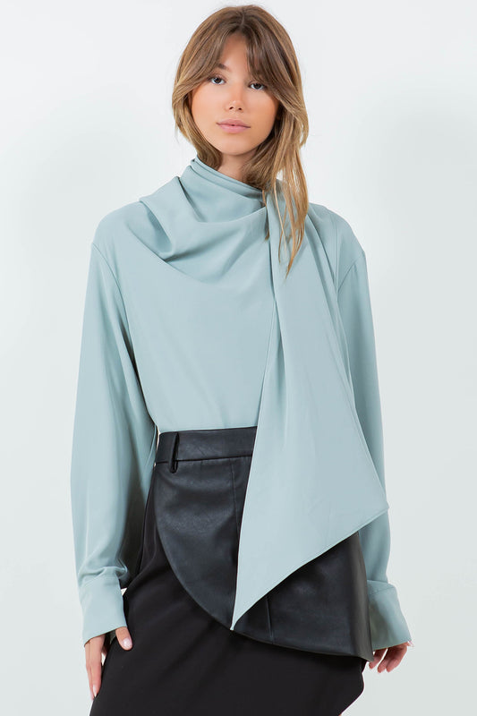 BUTTON DOWN WRAP SCARF BLOUSE - DUSTY JADE