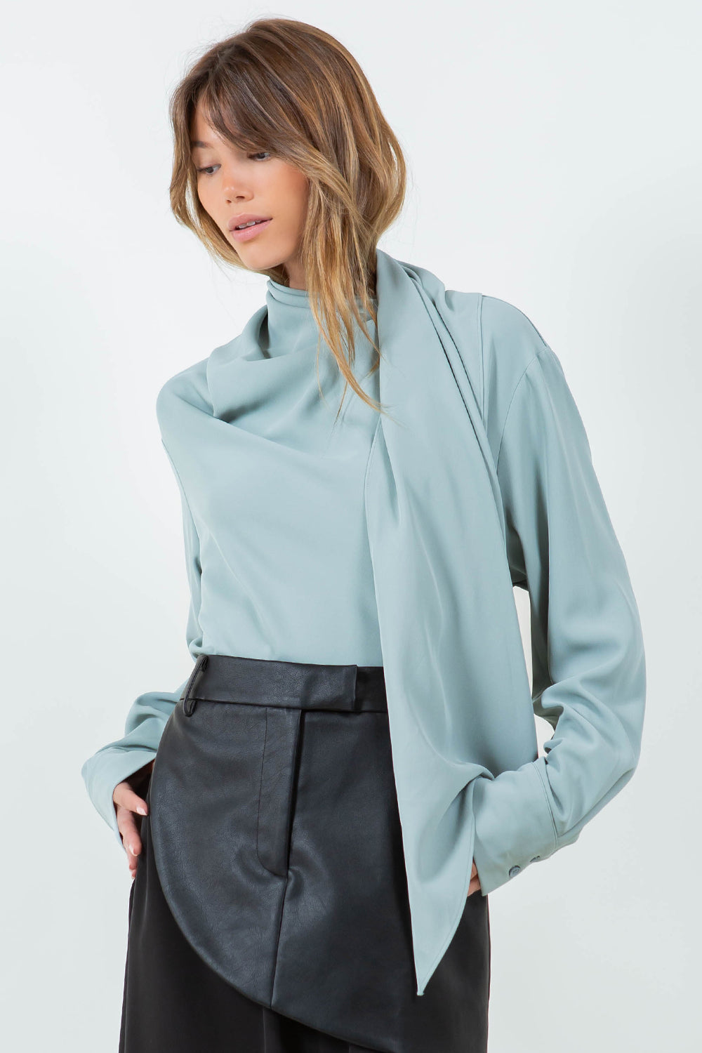 BUTTON DOWN WRAP SCARF BLOUSE - DUSTY JADE