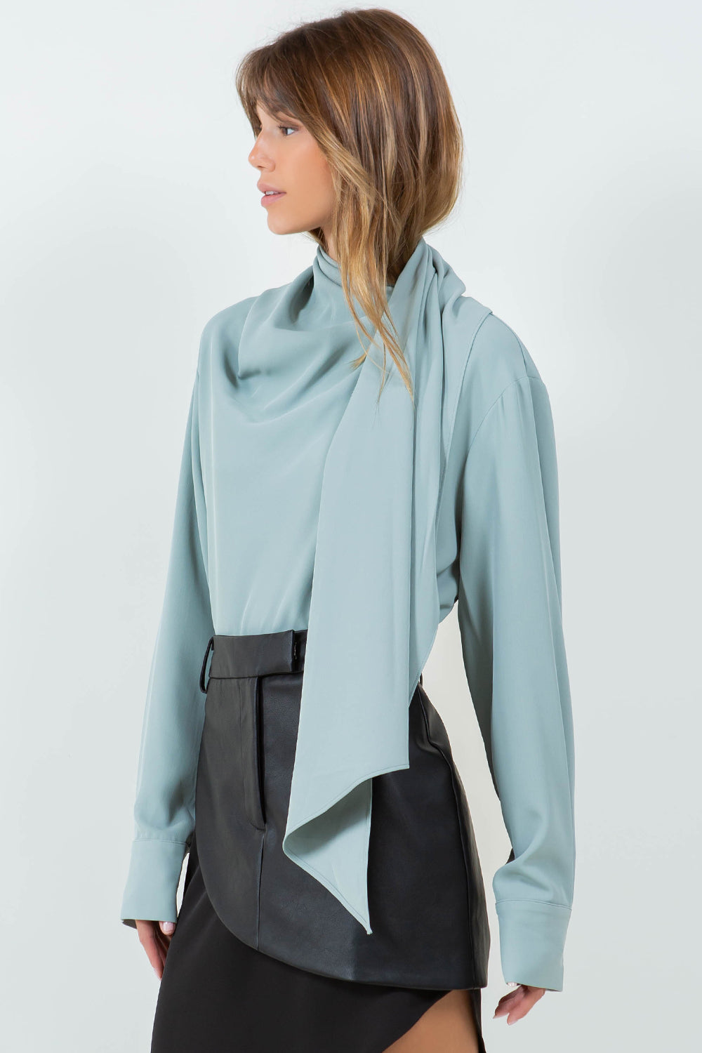 BUTTON DOWN WRAP SCARF BLOUSE - DUSTY JADE