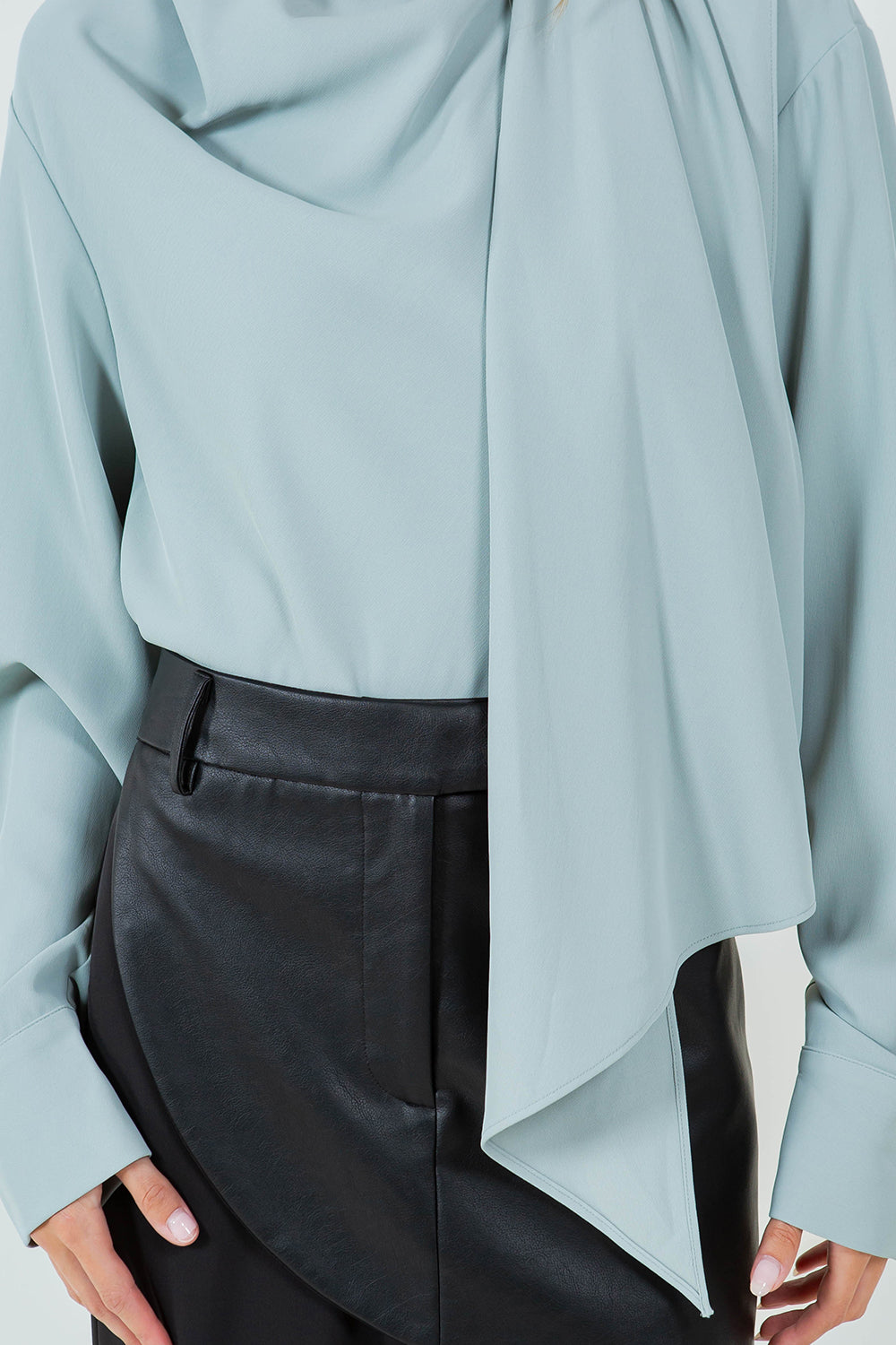 BUTTON DOWN WRAP SCARF BLOUSE - DUSTY JADE