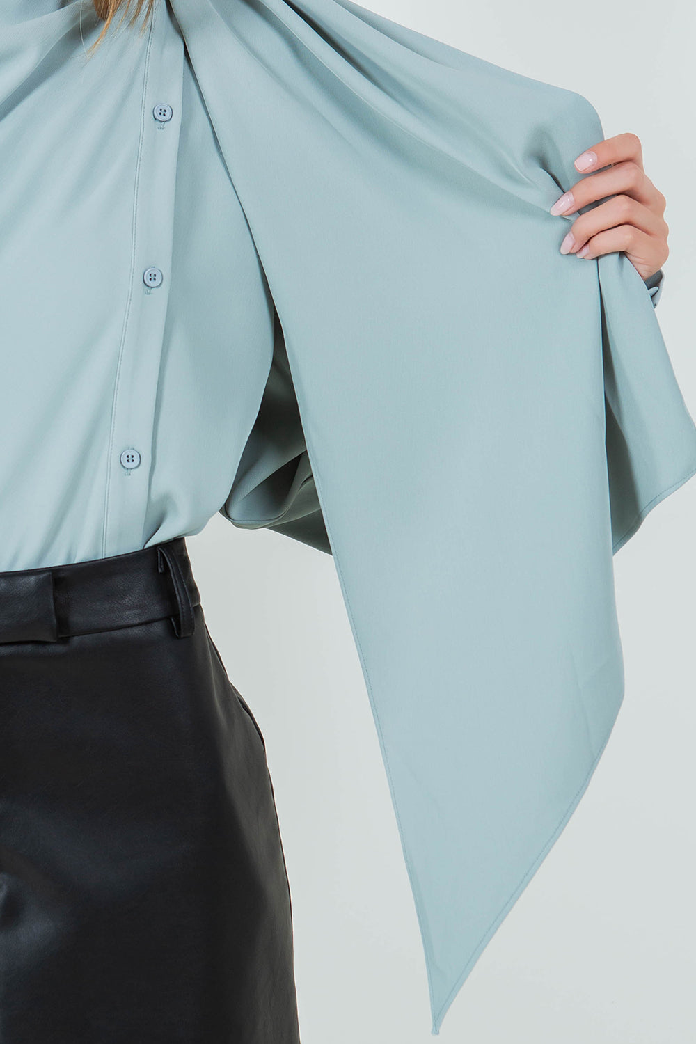 BUTTON DOWN WRAP SCARF BLOUSE - DUSTY JADE