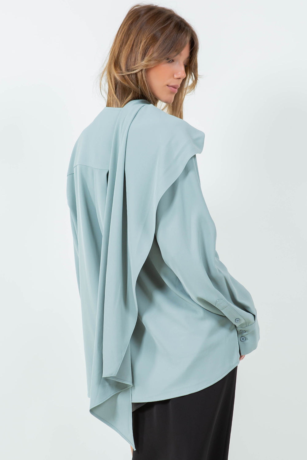 BUTTON DOWN WRAP SCARF BLOUSE - DUSTY JADE