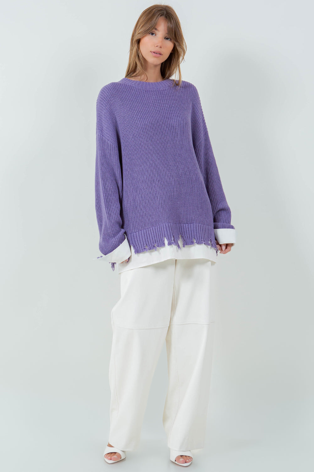 DISTRESSED POPLIN CONTRAST KNITTED SWEATER - LAVENDER/WHITE