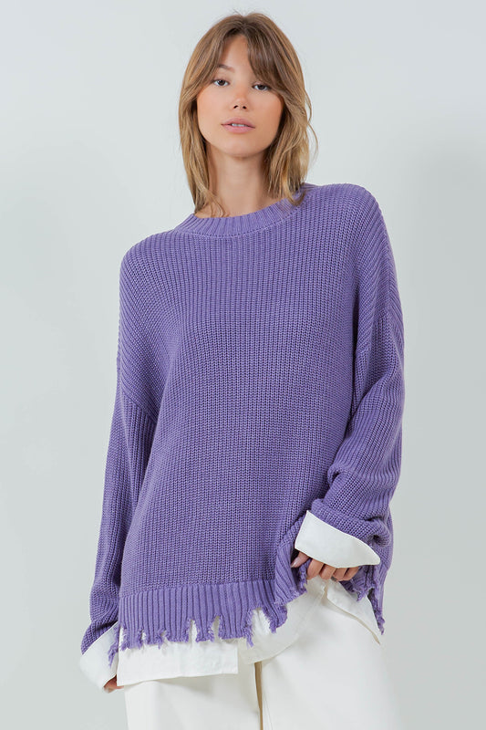 DISTRESSED POPLIN CONTRAST KNITTED SWEATER - LAVENDER/WHITE