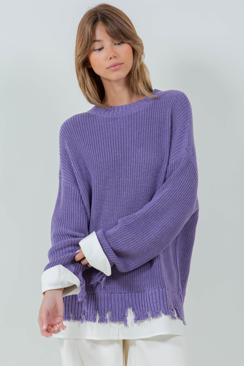 DISTRESSED POPLIN CONTRAST KNITTED SWEATER - LAVENDER/WHITE