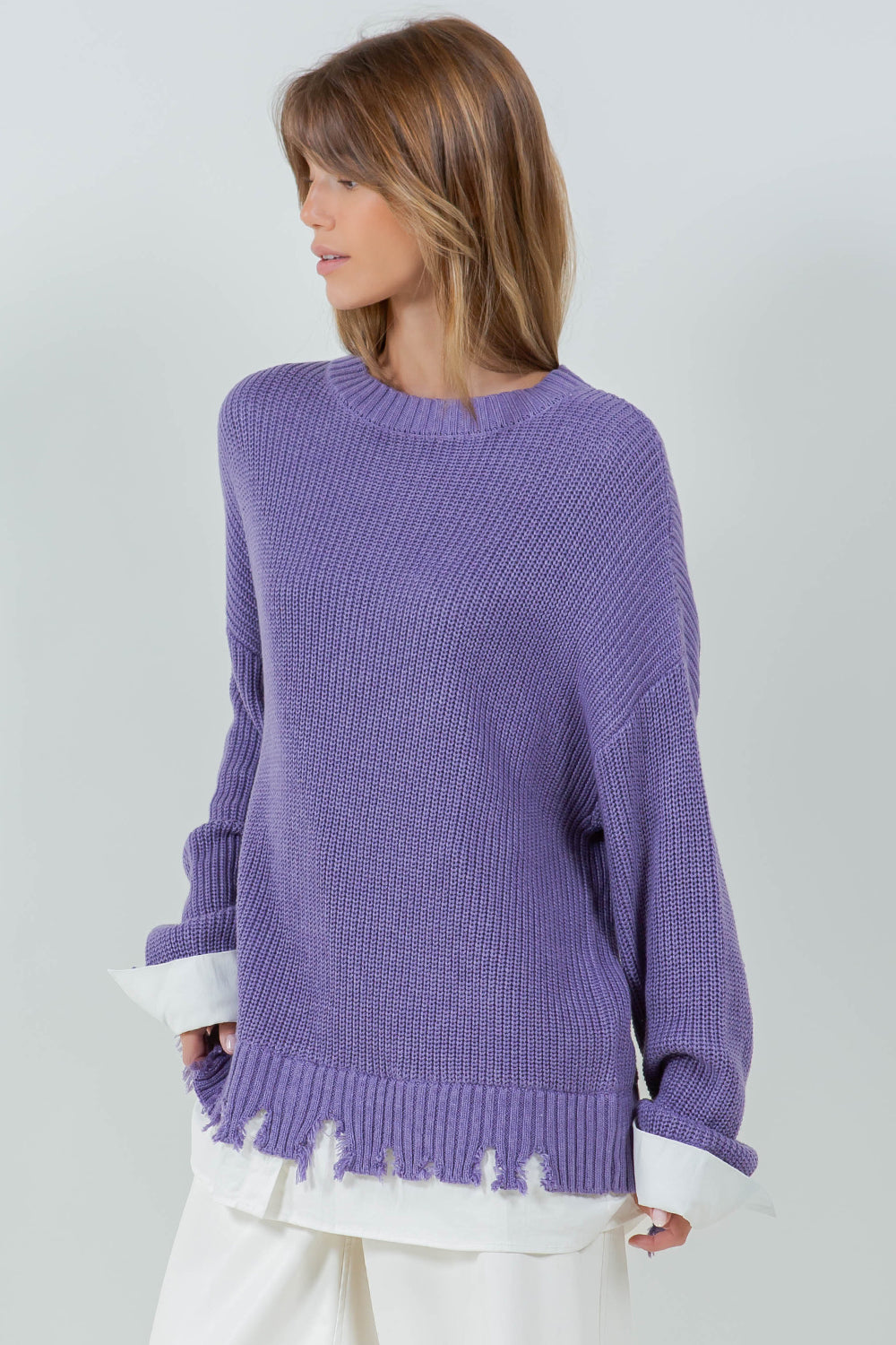 DISTRESSED POPLIN CONTRAST KNITTED SWEATER - LAVENDER/WHITE